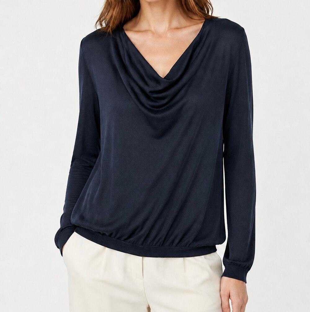 TSE 100% Silk Italian Dark Navy Cowl Neck Long Sleeve Knit Top Size Large